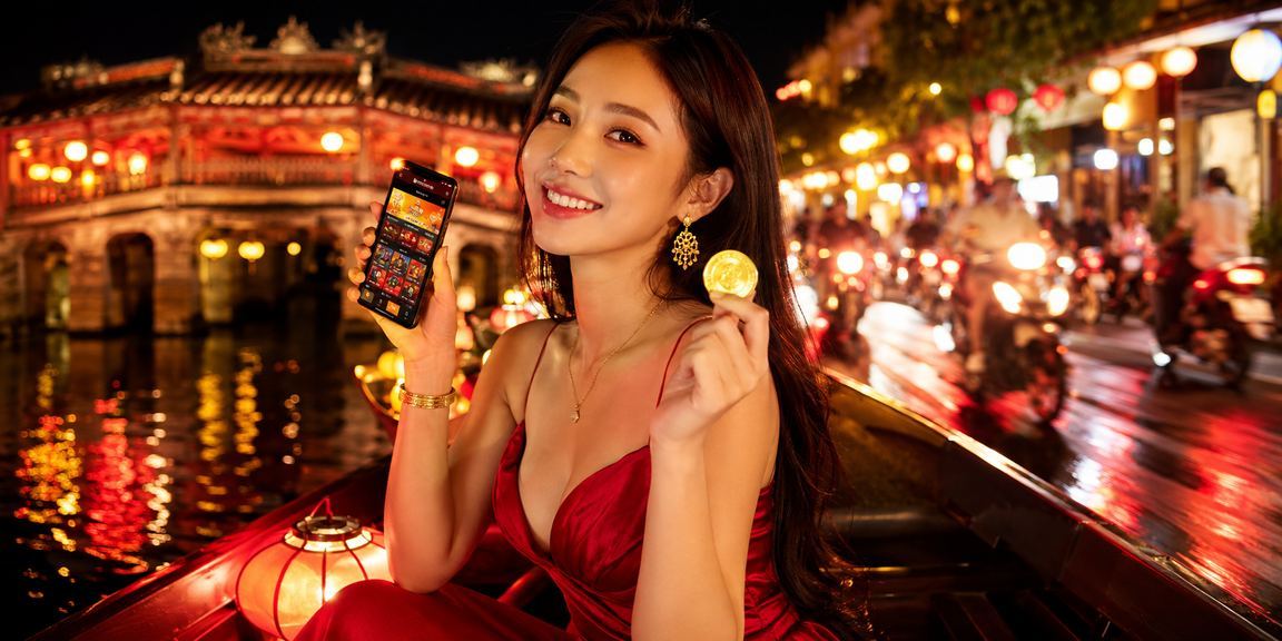 Người dùng truy cập vltk1 trên điện thoại tại chợ đêm Hội An